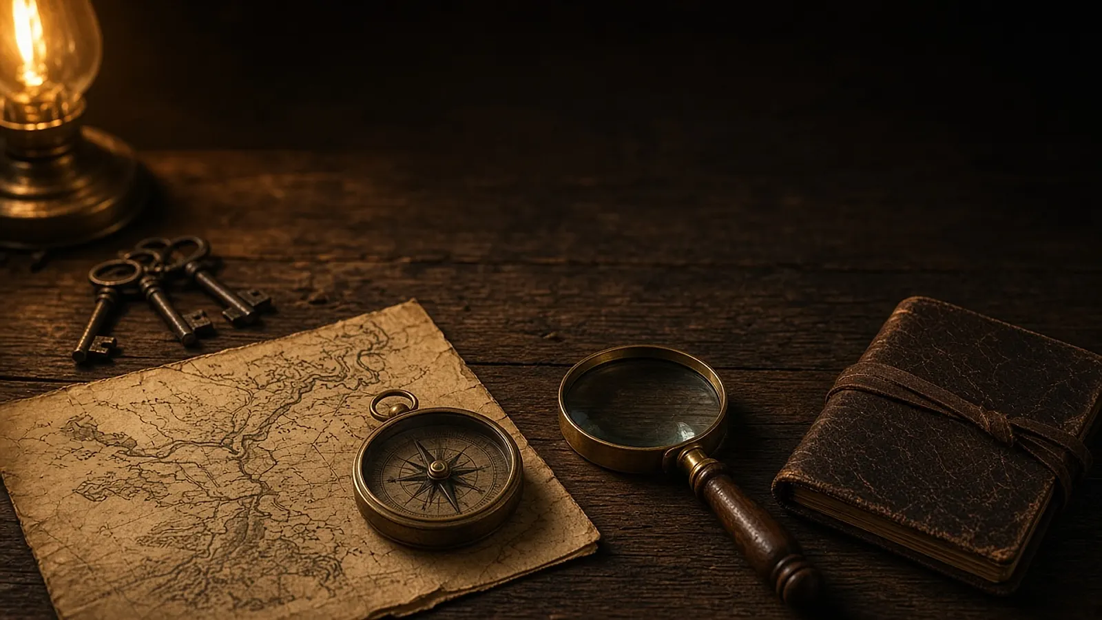 Treasure hunting for antiques and vintage finds in the Southeast An antique brass compass on a faded hand-drawn map with a brass magnifying glass, old keys and a leather notebook on a rustic wooden desk in warm lamplight
